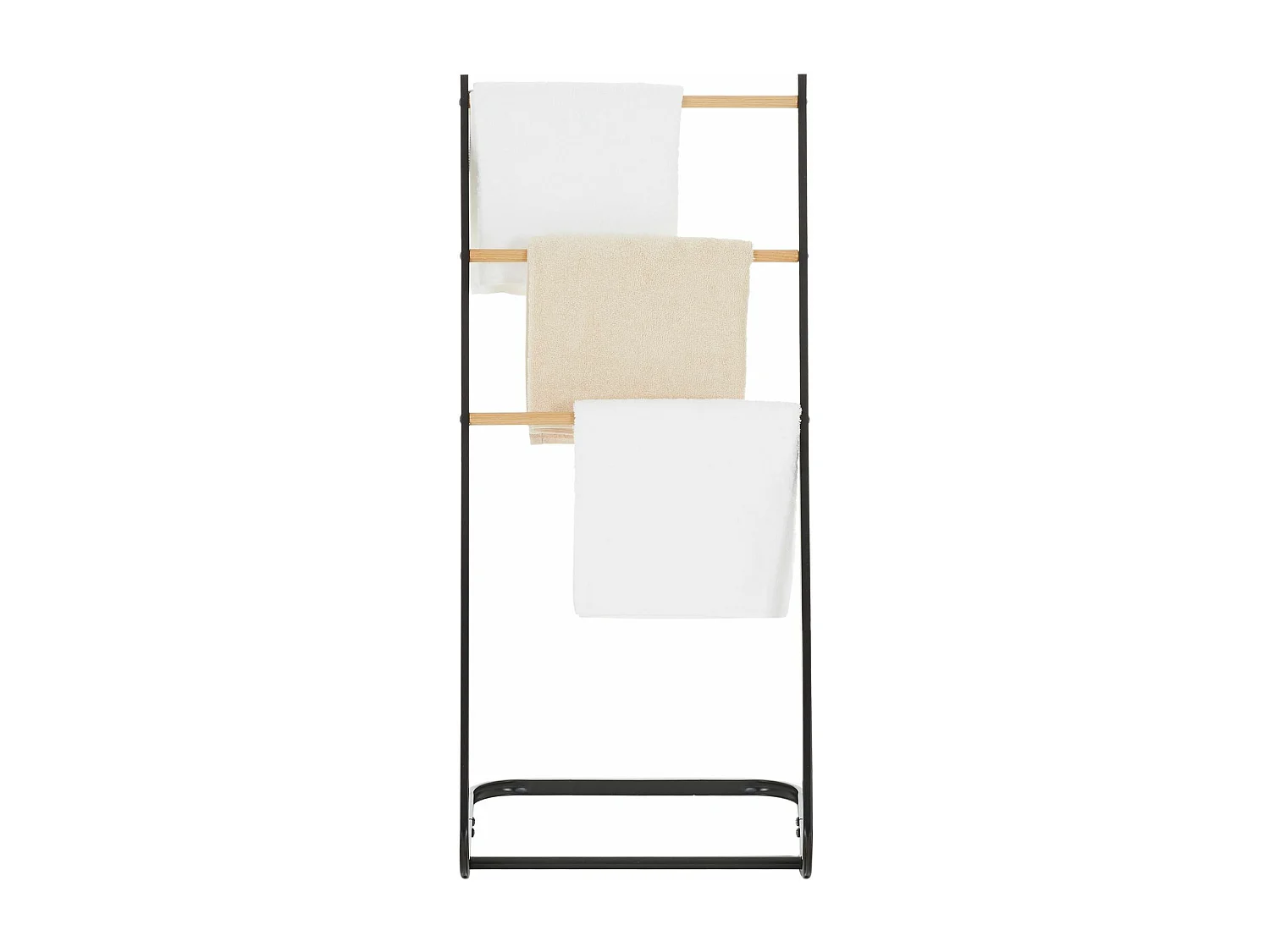 Porte-serviettes sur pied FLAVIA échelle à 3 portants pour linge de salle de bain, structure en métal noir et imprimé bois