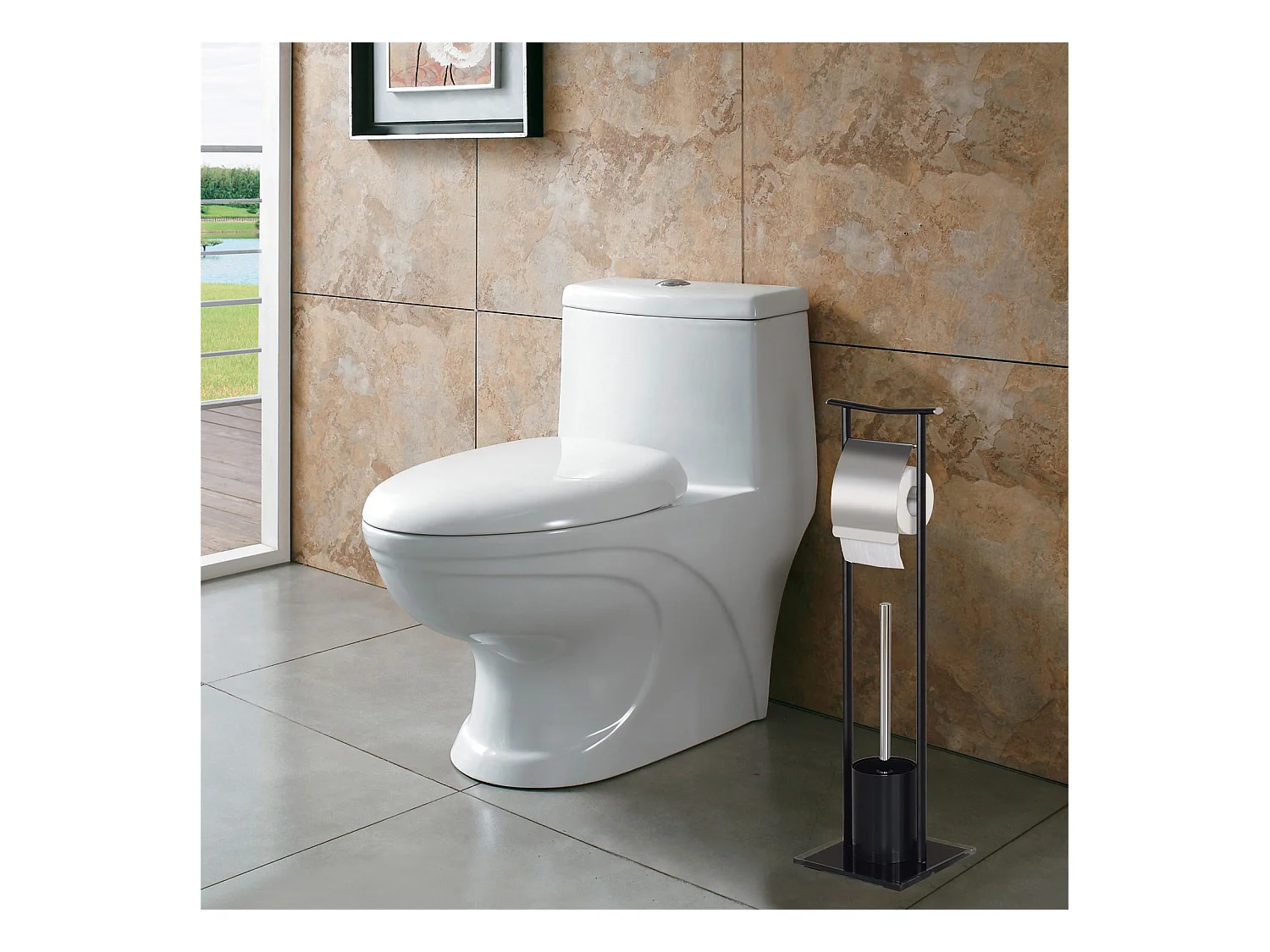 Porte-papier toilette ONA avec brosse, dérouleur papier WC, support pour papier toilette en métal noir et socle en verre trempé noir