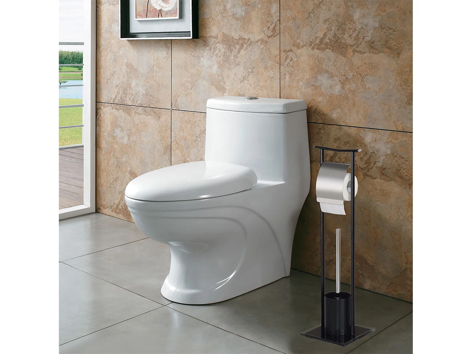 Porte-papier toilette ONA avec brosse, dérouleur papier WC, support pour papier toilette en métal noir et socle en verre trempé noir