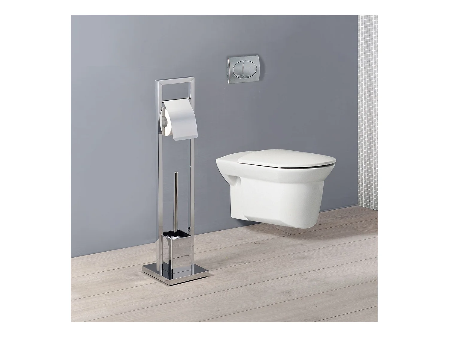 Porte-papier toilette TOMA support sur pied avec porte brosse à WC, en métal chromé