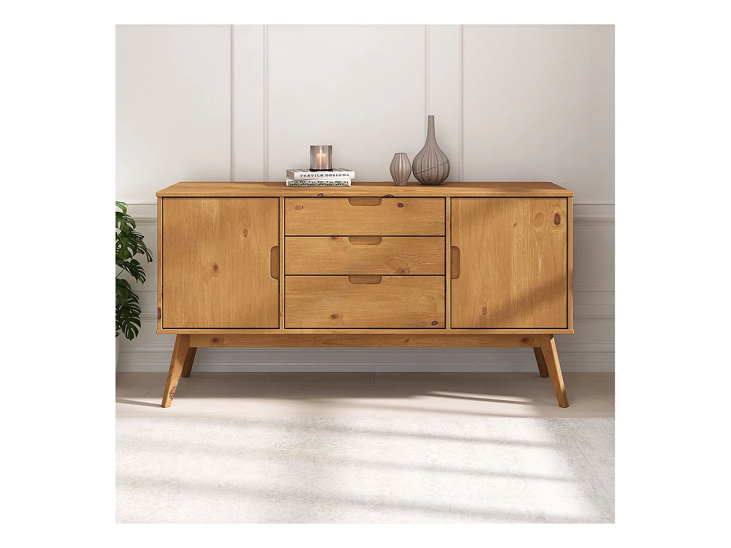 Buffet salle à manger TIVOLI  L 145 cm en bois massif finition bois naturel teinté avec 3 tiroirs et 2 portes battantes