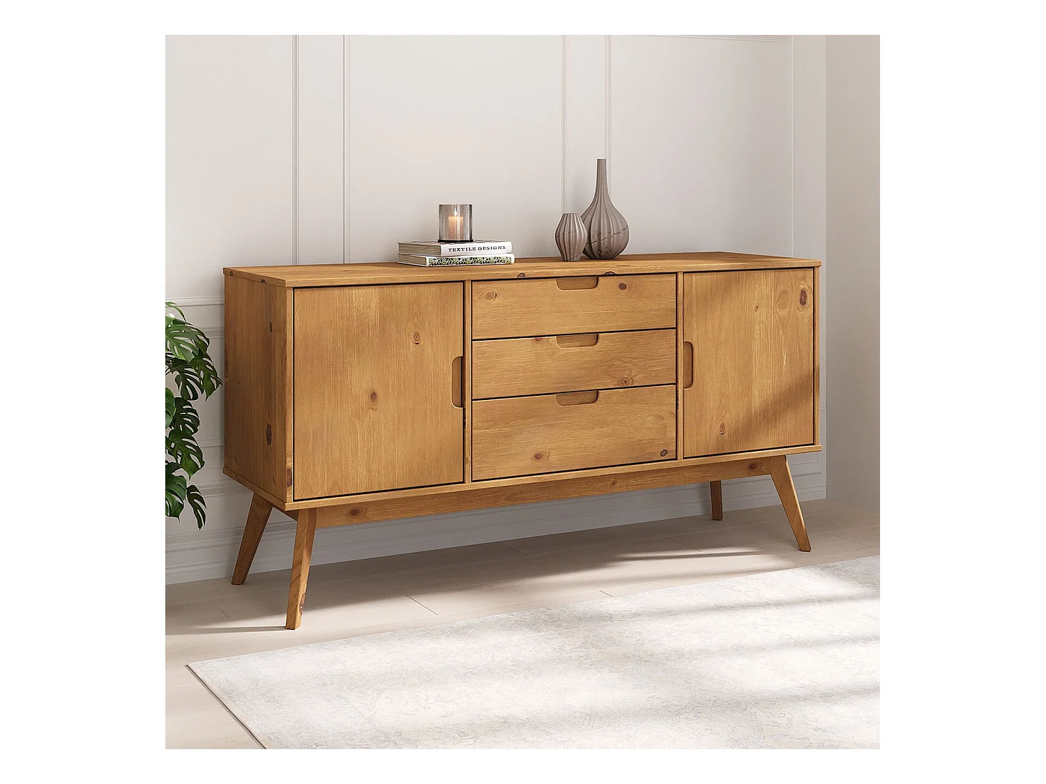 Buffet salle à manger TIVOLI  L 145 cm en bois massif finition bois naturel teinté avec 3 tiroirs et 2 portes battantes