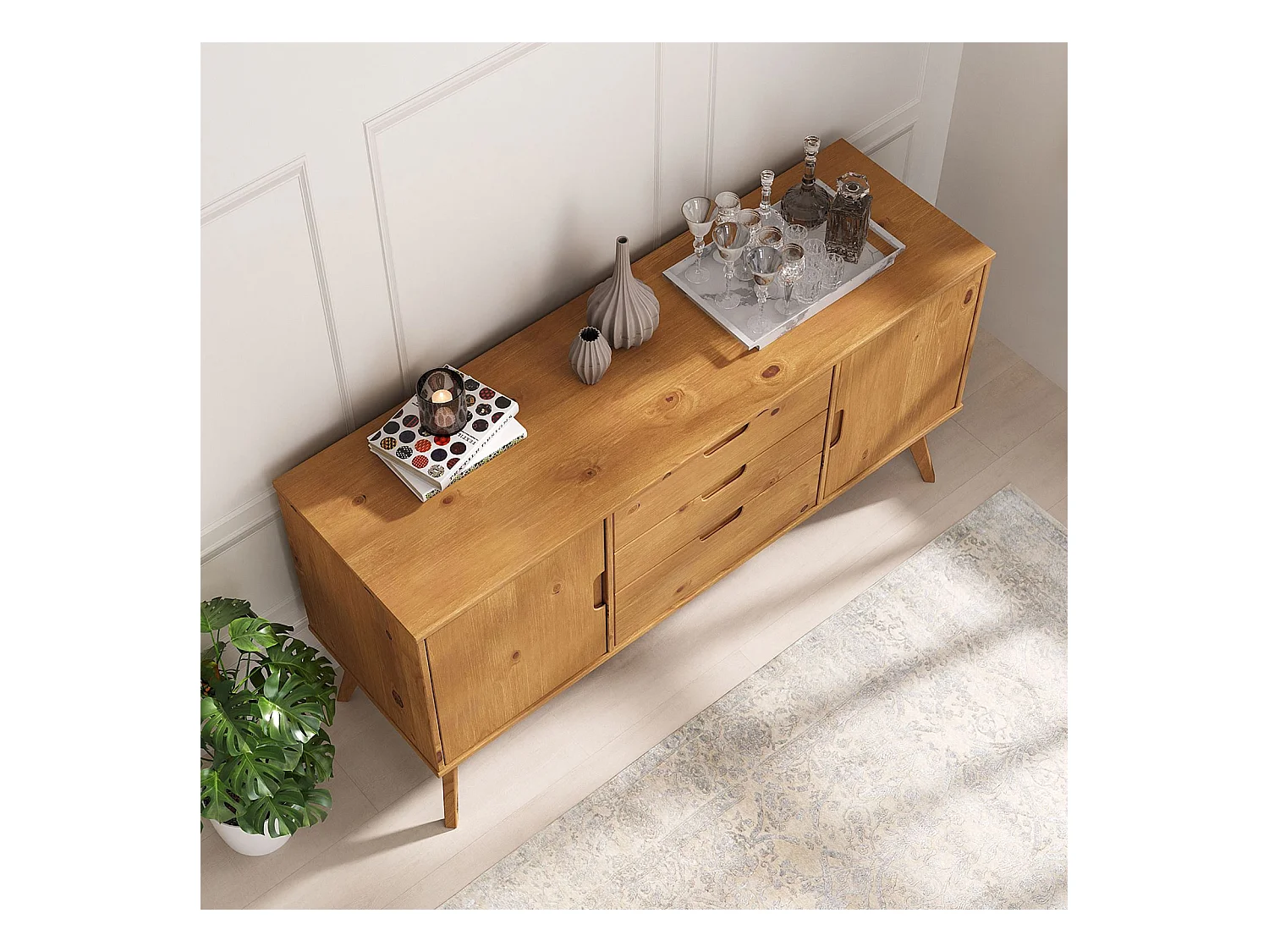 Buffet salle à manger TIVOLI  L 145 cm en bois massif finition bois naturel teinté avec 3 tiroirs et 2 portes battantes