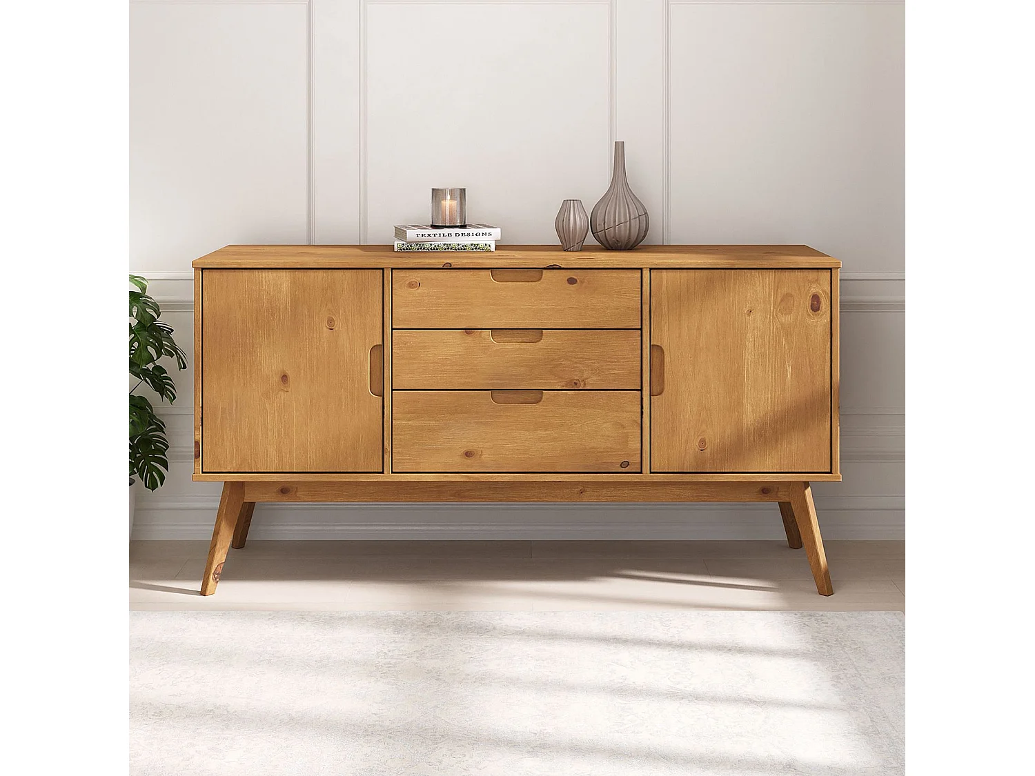Buffet salle à manger TIVOLI  L 145 cm en bois massif finition bois naturel teinté avec 3 tiroirs et 2 portes battantes