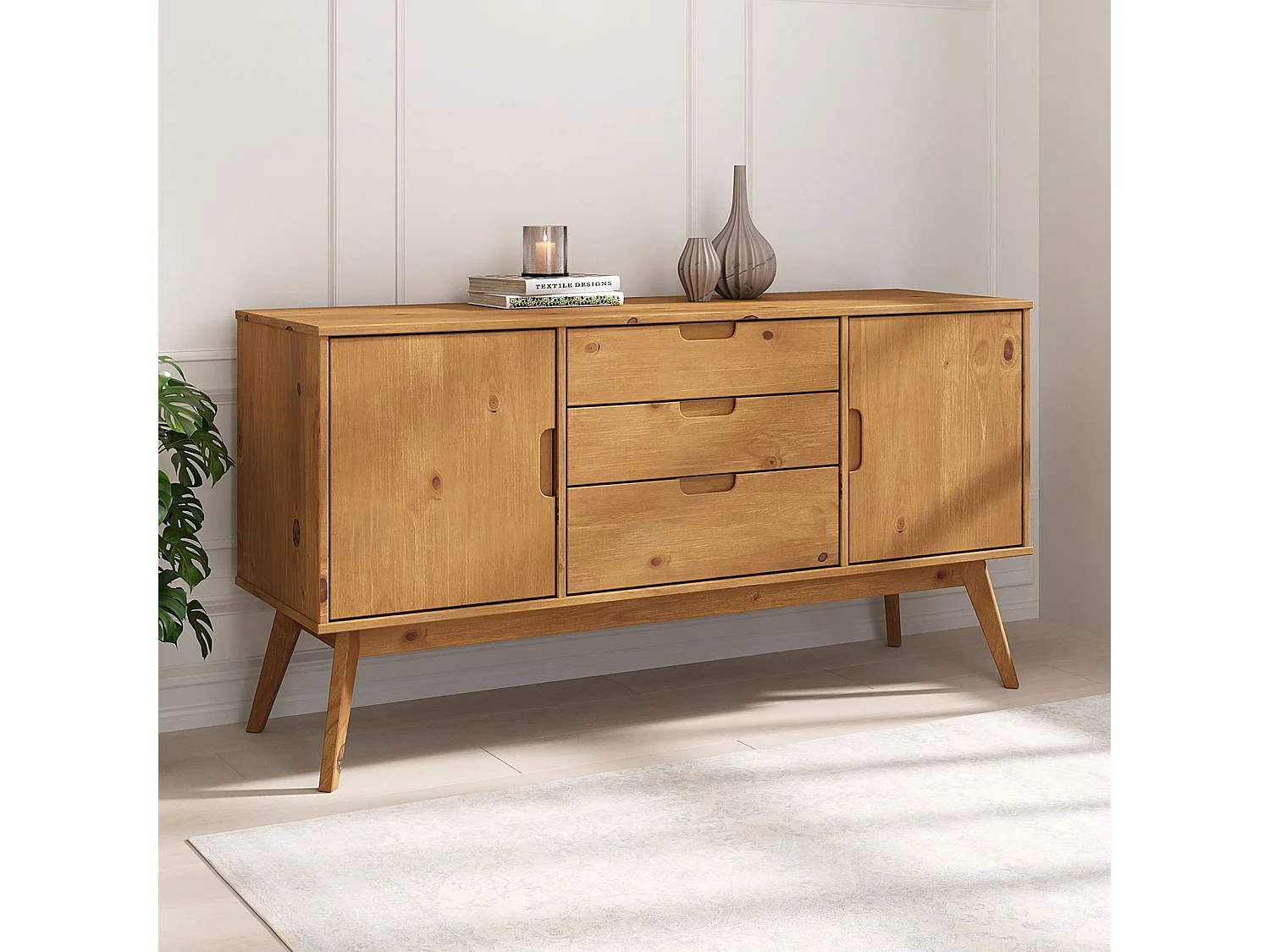 Buffet salle à manger TIVOLI  L 145 cm en bois massif finition bois naturel teinté avec 3 tiroirs et 2 portes battantes