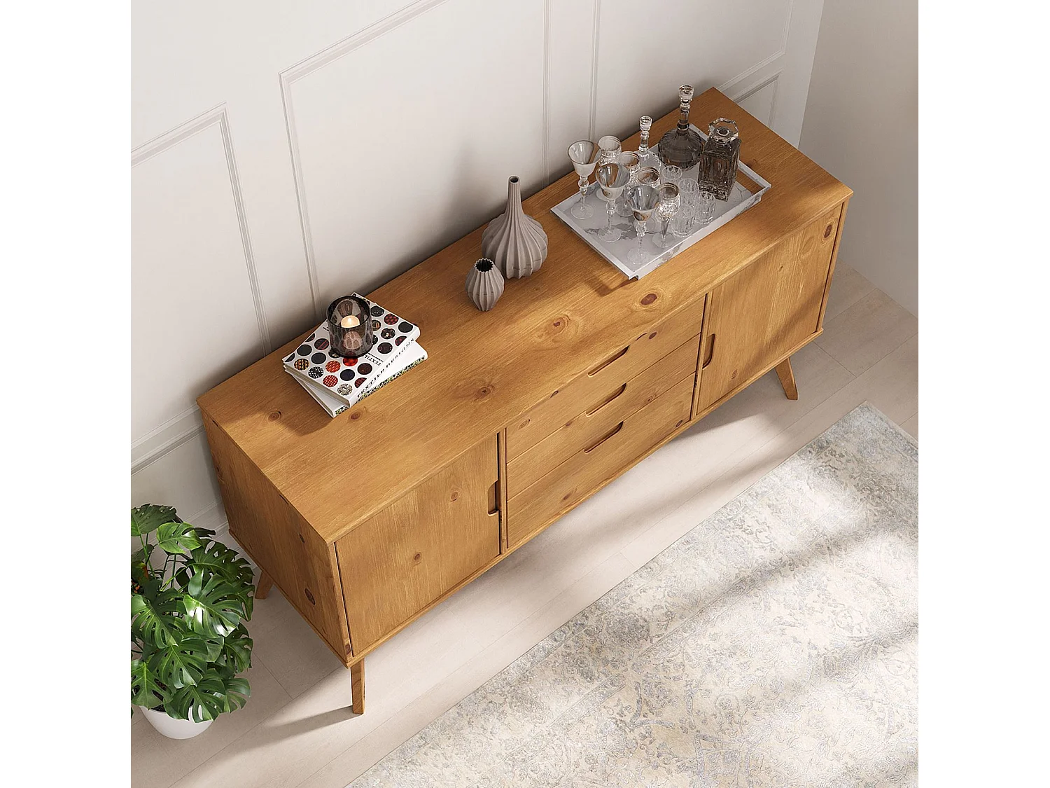 Buffet salle à manger TIVOLI  L 145 cm en bois massif finition bois naturel teinté avec 3 tiroirs et 2 portes battantes