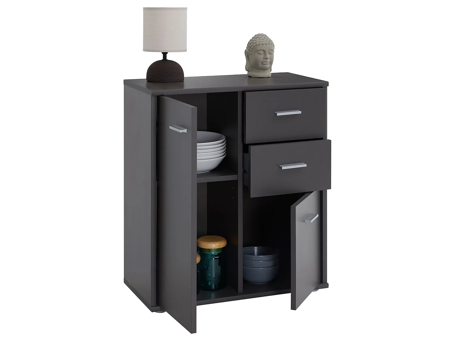 Buffet salle à manger REMY L 60 cm gris mat avec 2 portes et 2 tiroirs, bahut bas, meuble de rangement style moderne