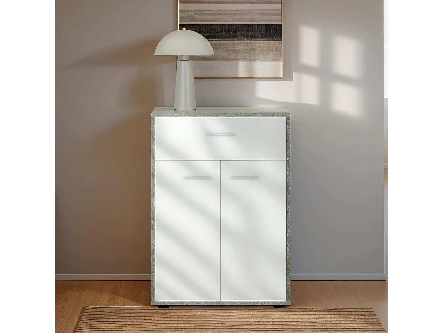 Buffet salle à manger CALAIS L 60 cm coloris béton et blanc avec 2 portes bahut bas meuble de rangement style moderne