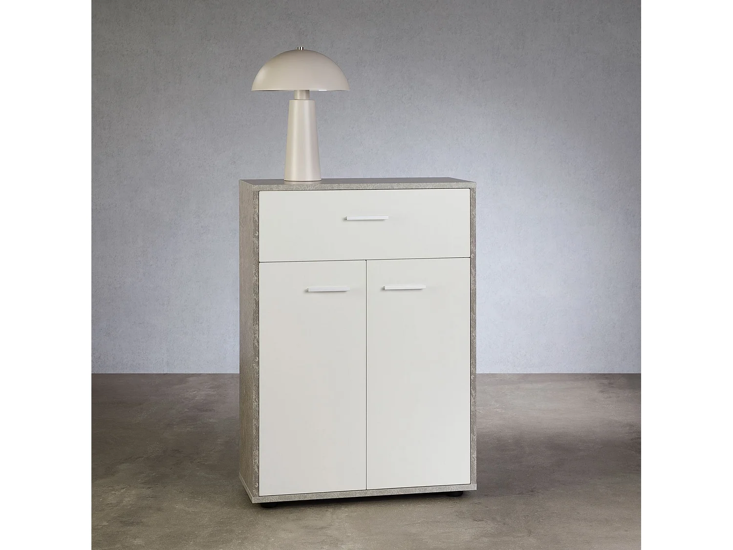 Buffet salle à manger CALAIS L 60 cm coloris béton et blanc avec 2 portes bahut bas meuble de rangement style moderne