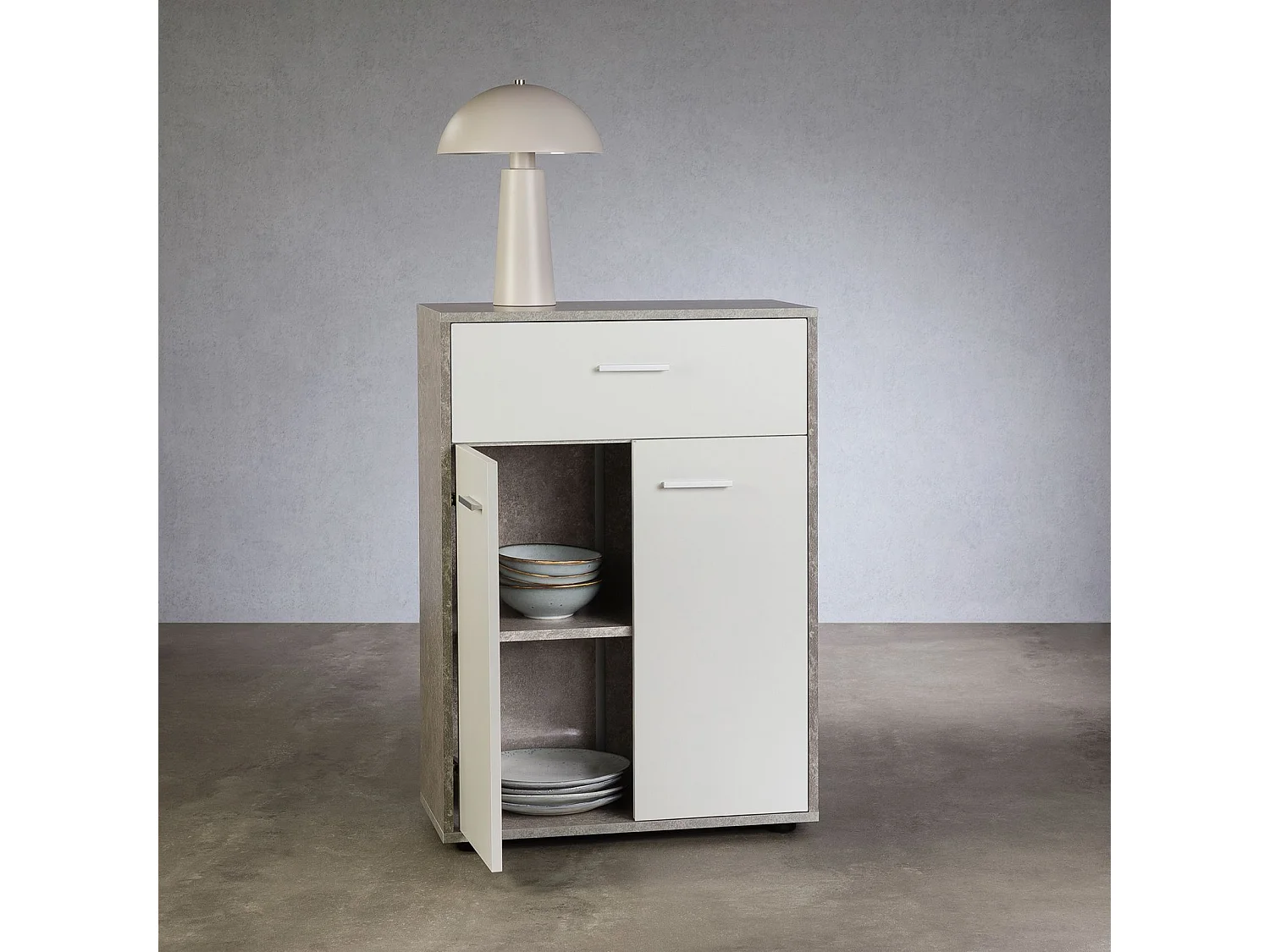 Buffet salle à manger CALAIS L 60 cm coloris béton et blanc avec 2 portes bahut bas meuble de rangement style moderne