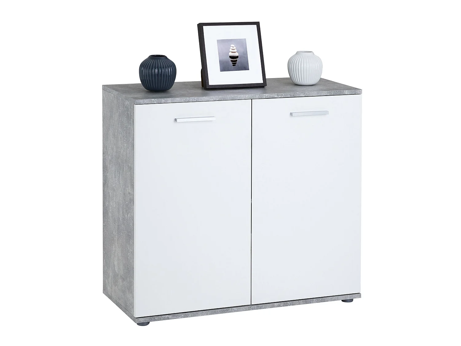 Buffet salle à manger CHICAGO L 91 cm en bois coloris béton et blanc avec 2 portes, meuble rangement