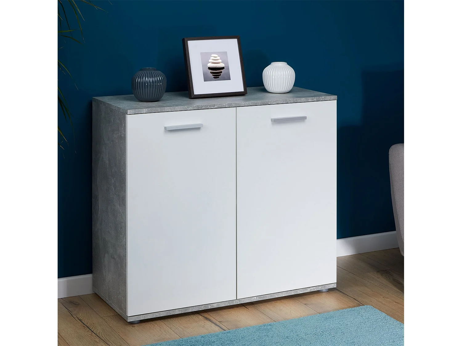 Buffet salle à manger CHICAGO L 91 cm en bois coloris béton et blanc avec 2 portes, meuble rangement