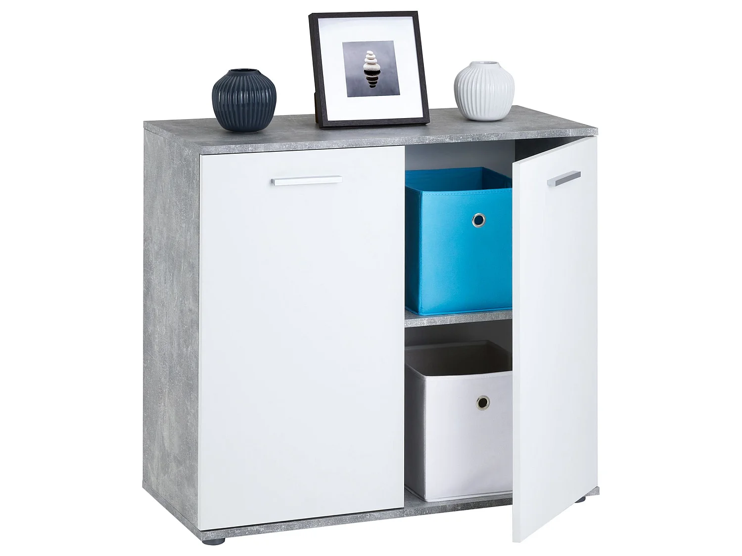 Buffet salle à manger CHICAGO L 91 cm en bois coloris béton et blanc avec 2 portes, meuble rangement