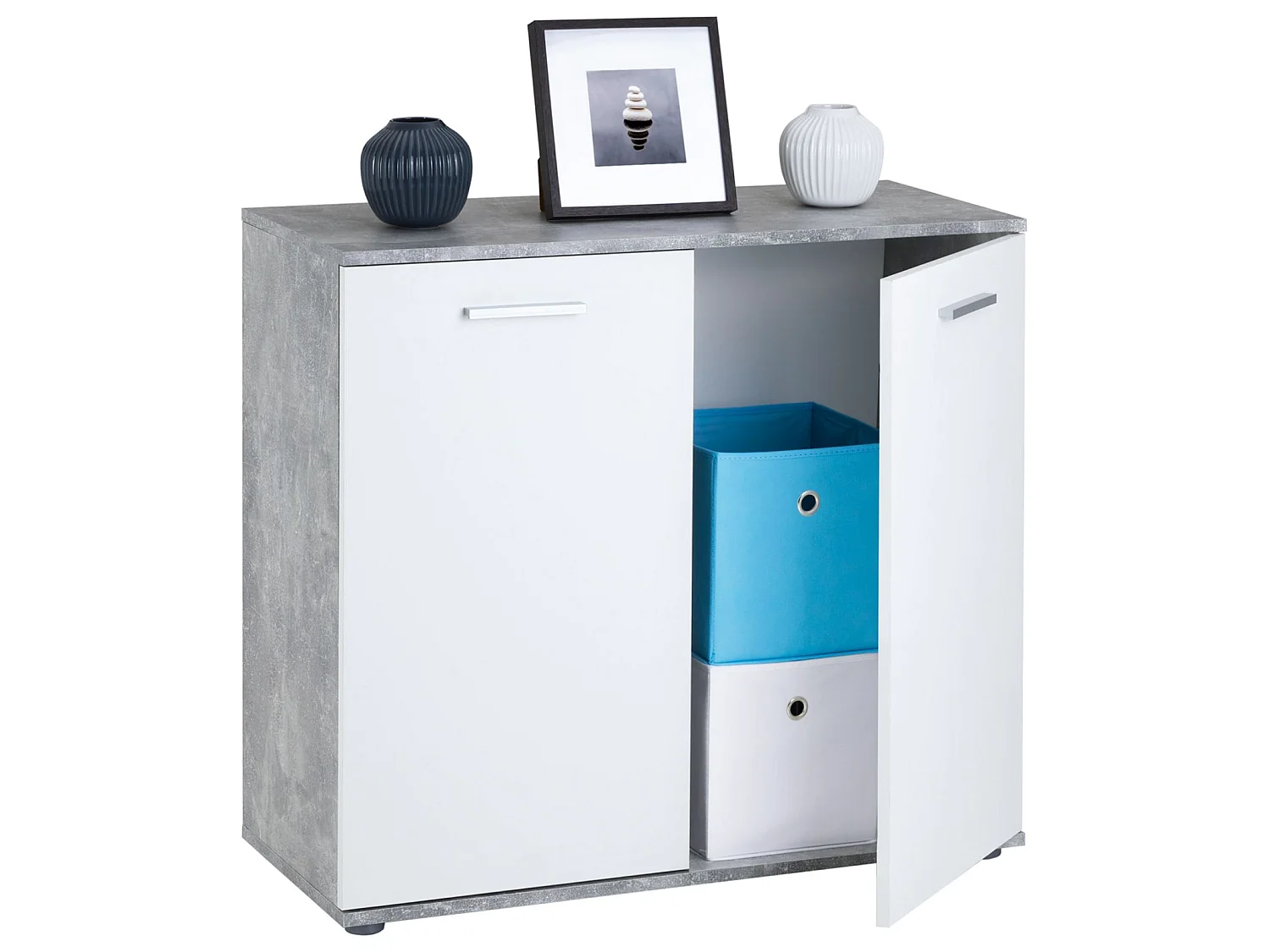 Buffet salle à manger CHICAGO L 91 cm en bois coloris béton et blanc avec 2 portes, meuble rangement