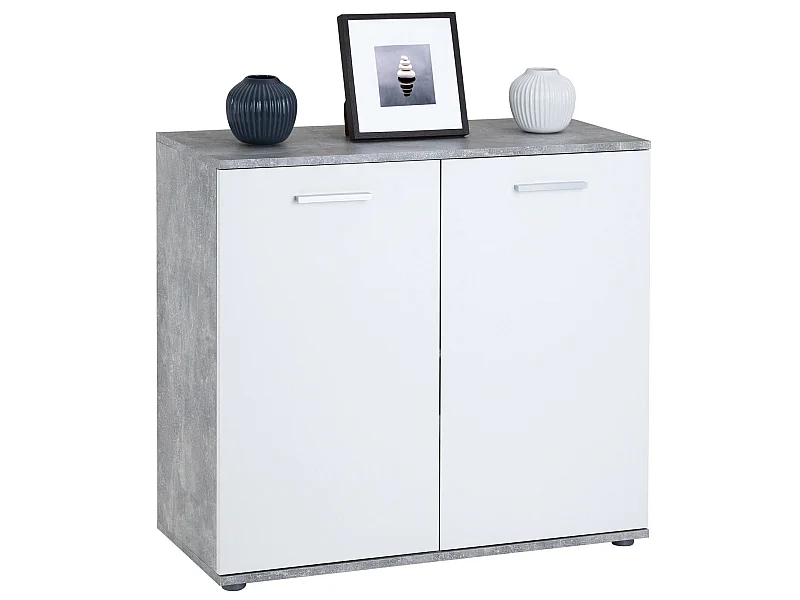 Buffet salle à manger CHICAGO L 91 cm en bois coloris béton et blanc avec 2 portes, meuble rangement