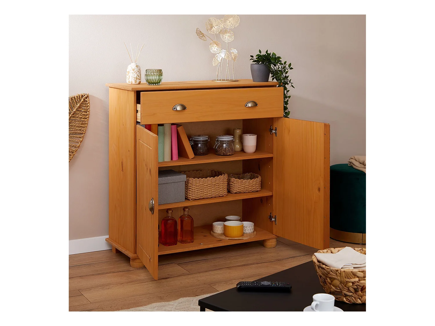 Buffet salle à manger COLMAR L 90 cm en bois massif finition laquée 1 tiroir 2 portes meuble rangement