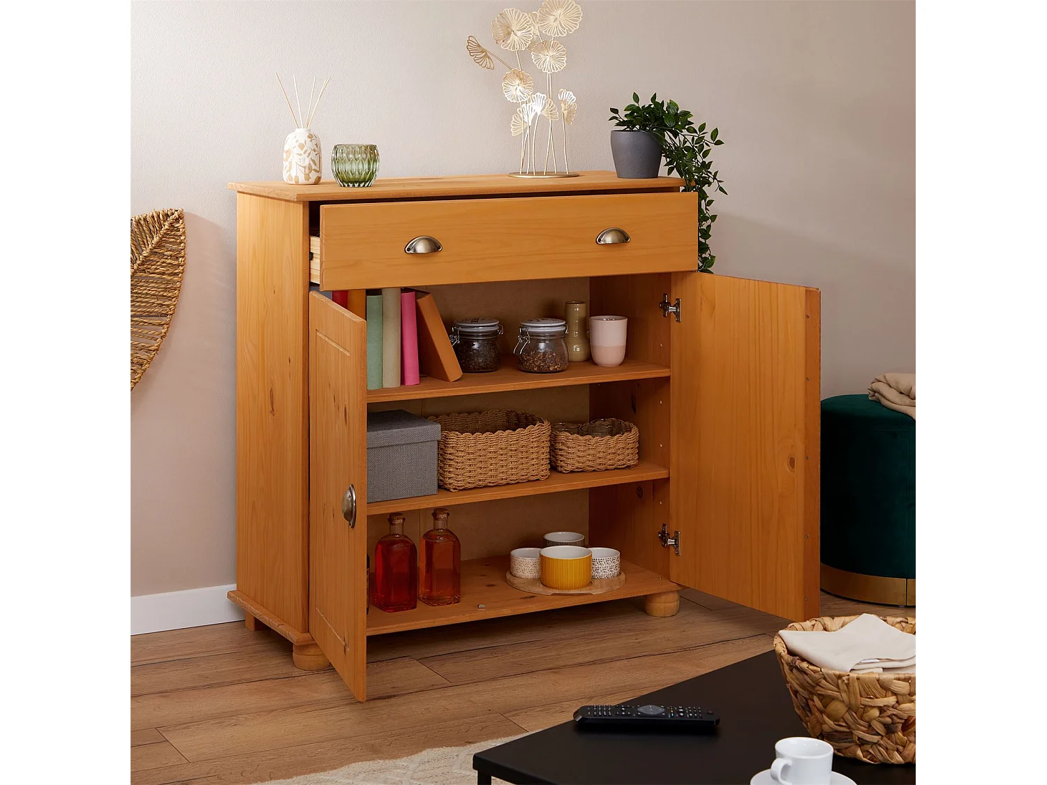 Buffet salle à manger COLMAR L 90 cm en bois massif finition laquée 1 tiroir 2 portes meuble rangement