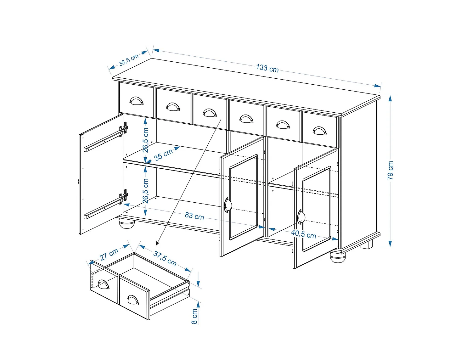 Buffet salle à manger COLMAR L 134 cm en bois massif finition laquée 3 tiroirs 3 portes avec 2 étagères