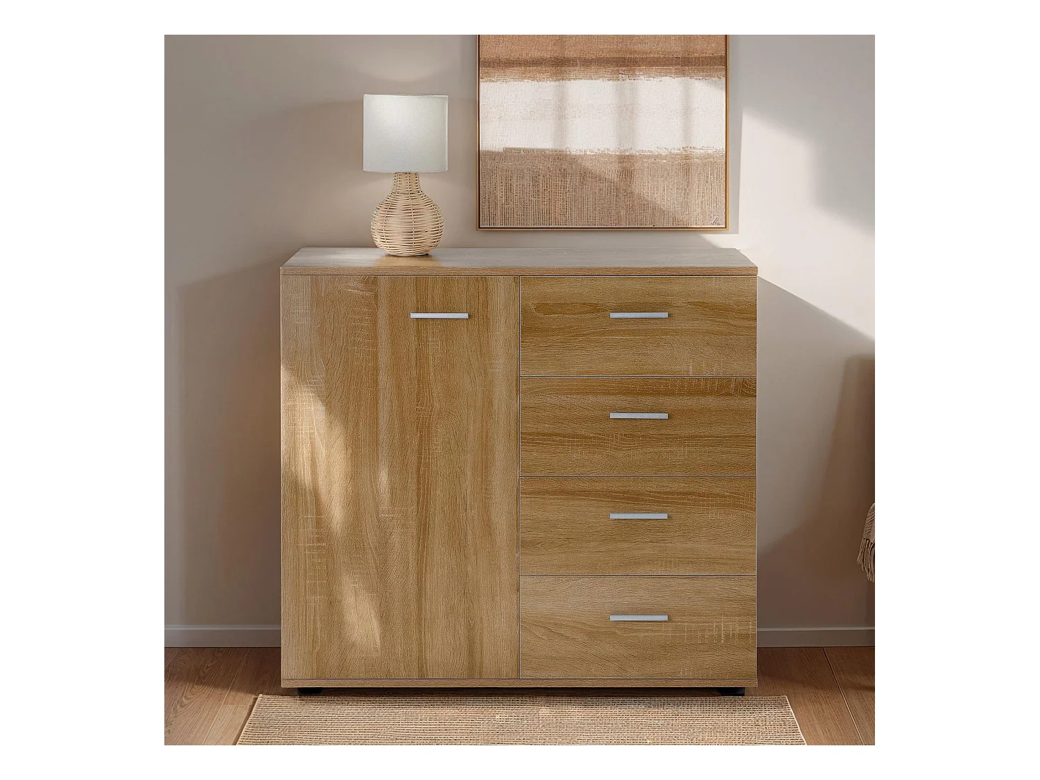 Buffet salle à manger CHICAGO L 91 cm en bois coloris chêne sonoma avec 4 tiroirs et 1 porte, meuble rangement