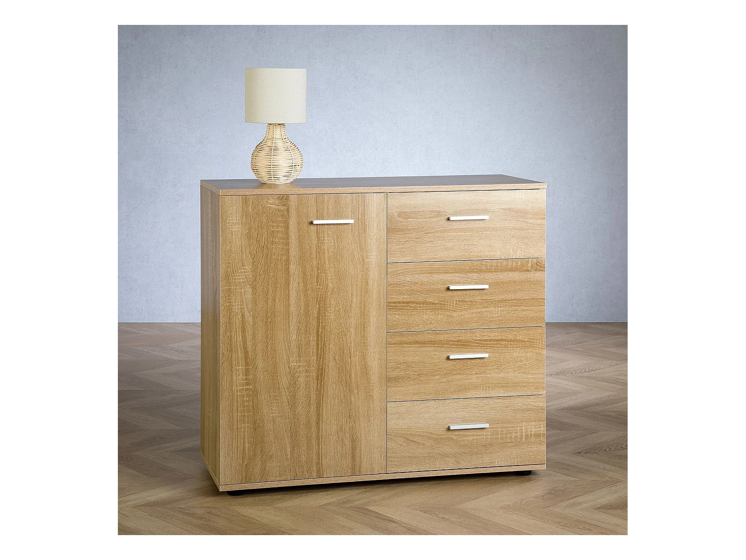 Buffet salle à manger CHICAGO L 91 cm en bois coloris chêne sonoma avec 4 tiroirs et 1 porte, meuble rangement