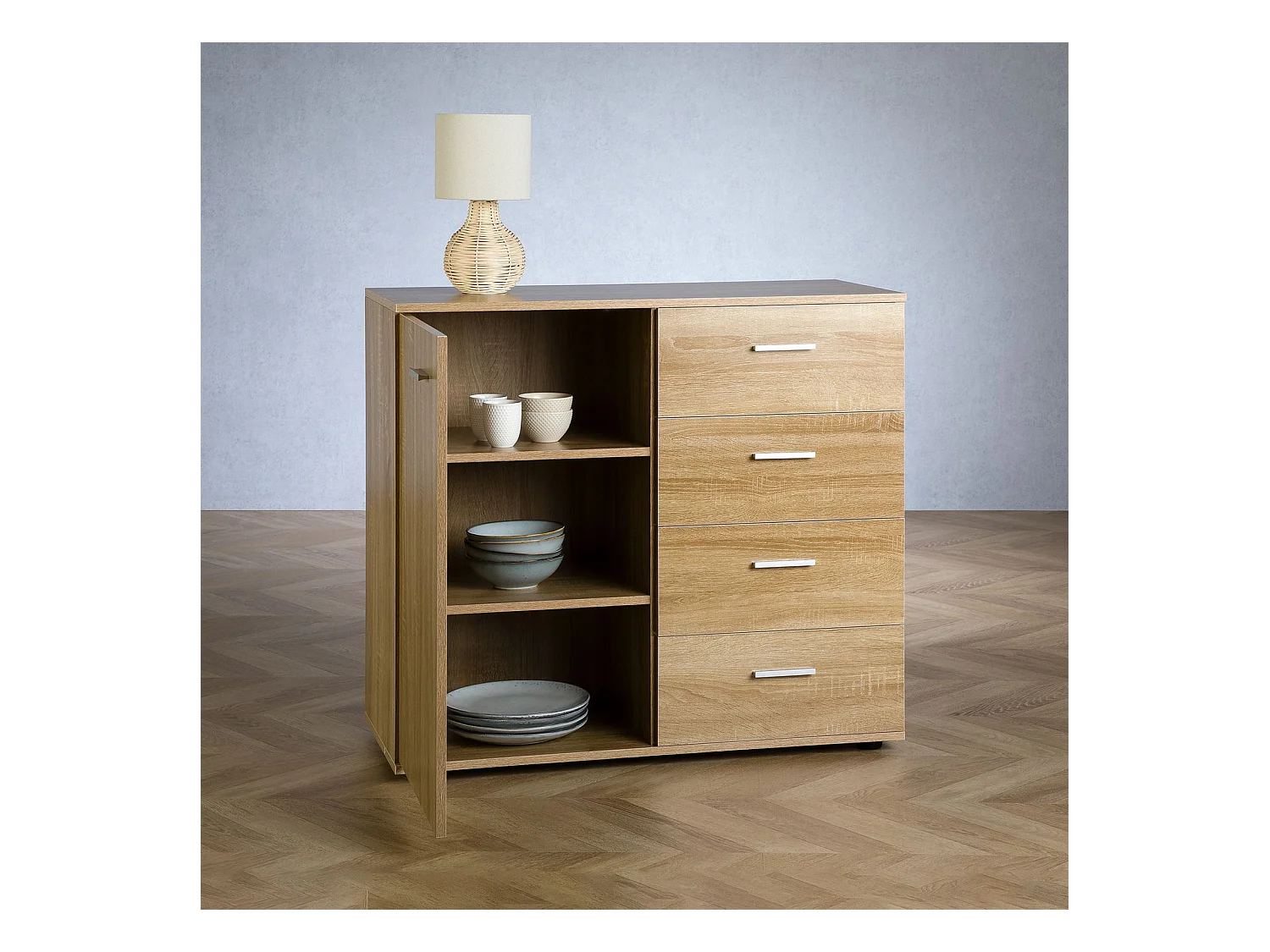 Buffet salle à manger CHICAGO L 91 cm en bois coloris chêne sonoma avec 4 tiroirs et 1 porte, meuble rangement