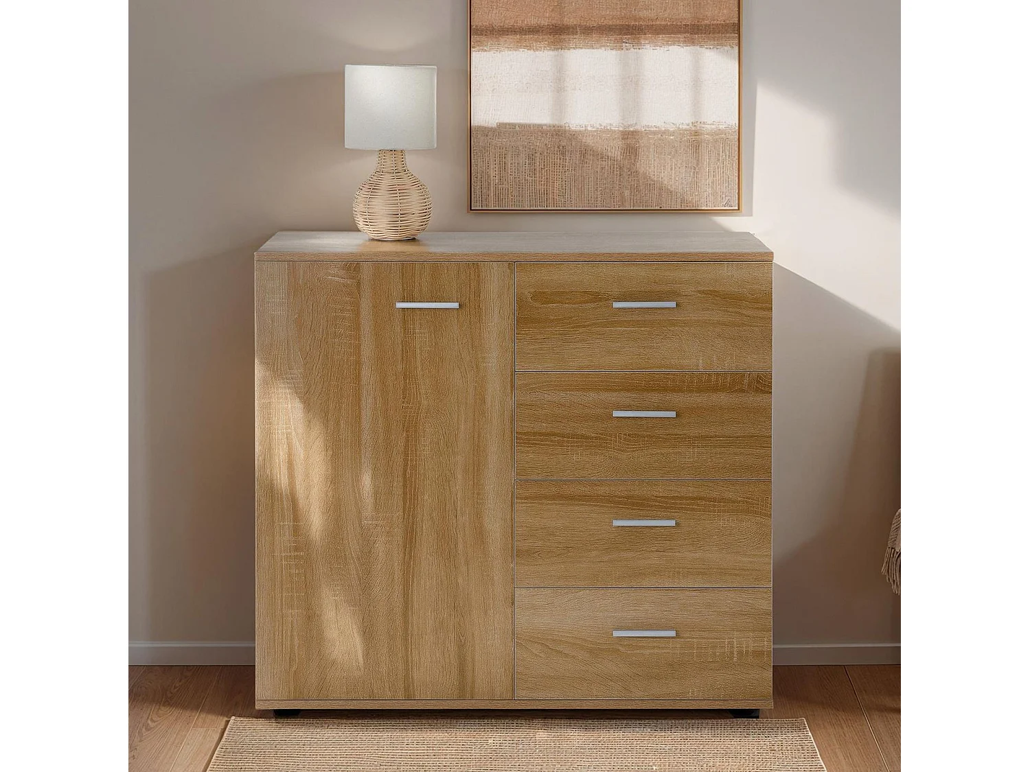 Buffet salle à manger CHICAGO L 91 cm en bois coloris chêne sonoma avec 4 tiroirs et 1 porte, meuble rangement