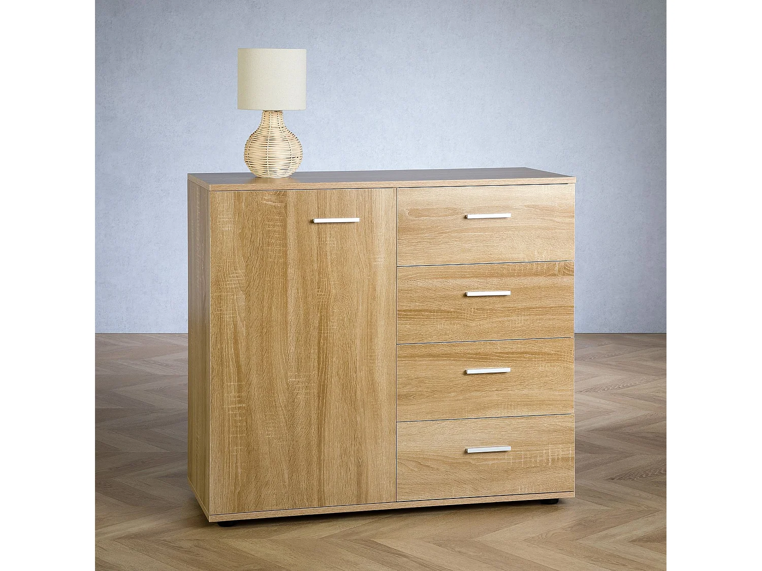 Buffet salle à manger CHICAGO L 91 cm en bois coloris chêne sonoma avec 4 tiroirs et 1 porte, meuble rangement