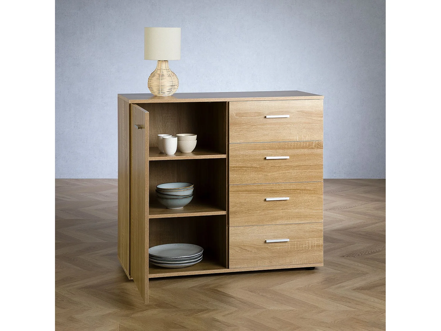 Buffet salle à manger CHICAGO L 91 cm en bois coloris chêne sonoma avec 4 tiroirs et 1 porte, meuble rangement