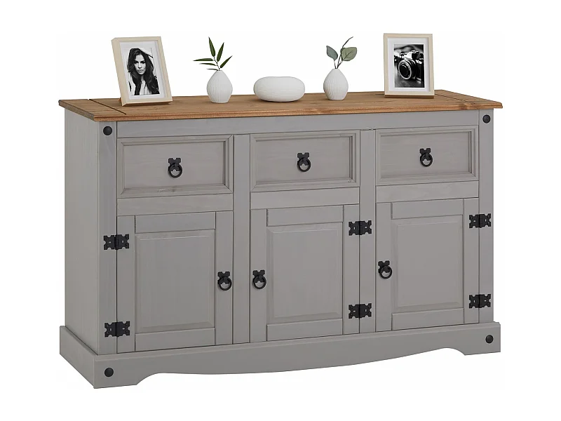 Buffet salle à manger RAMON L 125 cm en bois massif lasuré gris et brun, meuble de rangement 3 tiroirs et 3 portes
