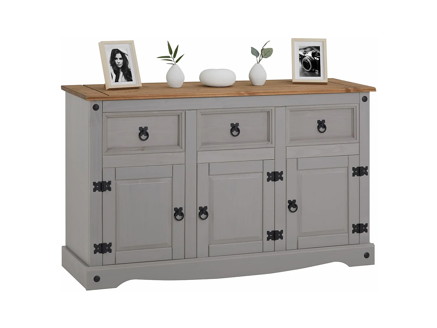 Buffet salle à manger RAMON L 125 cm en bois massif lasuré gris et brun, meuble de rangement 3 tiroirs et 3 portes