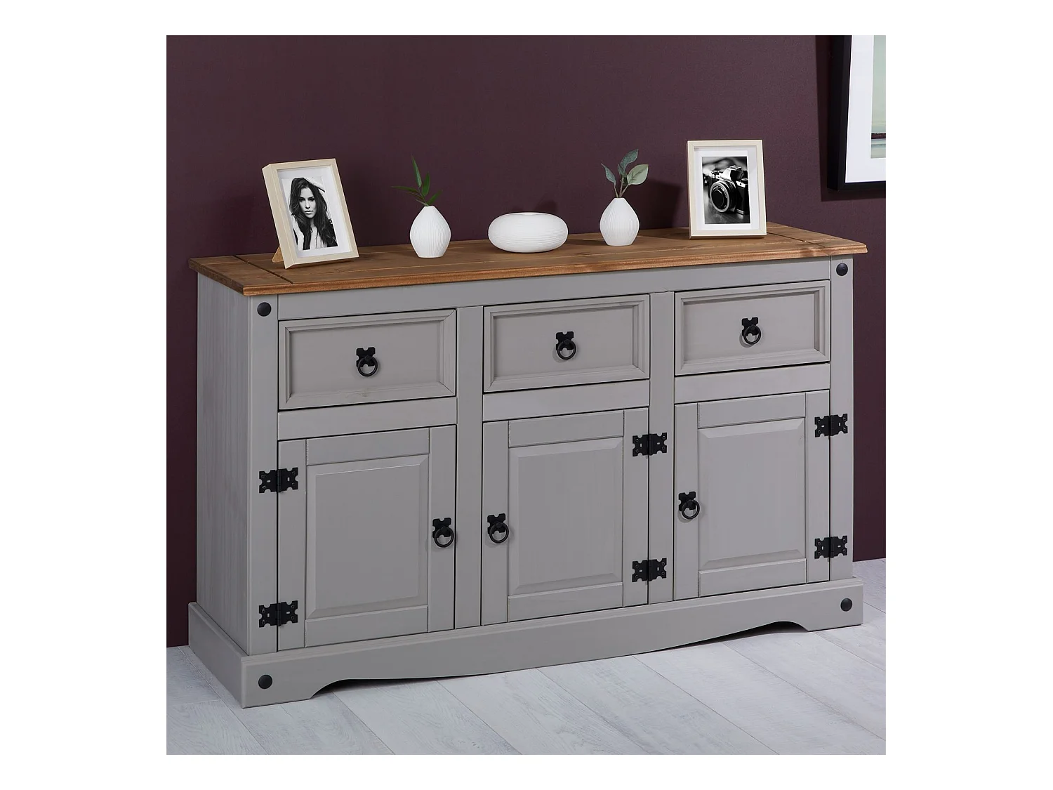 Buffet salle à manger RAMON L 125 cm en bois massif lasuré gris et brun, meuble de rangement 3 tiroirs et 3 portes