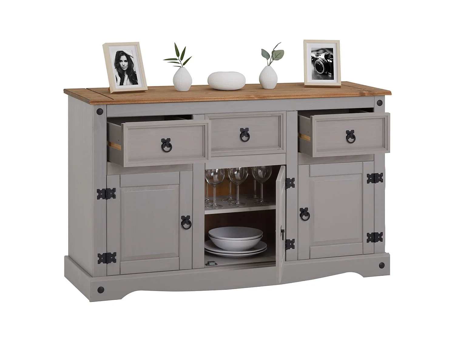 Buffet salle à manger RAMON L 125 cm en bois massif lasuré gris et brun, meuble de rangement 3 tiroirs et 3 portes