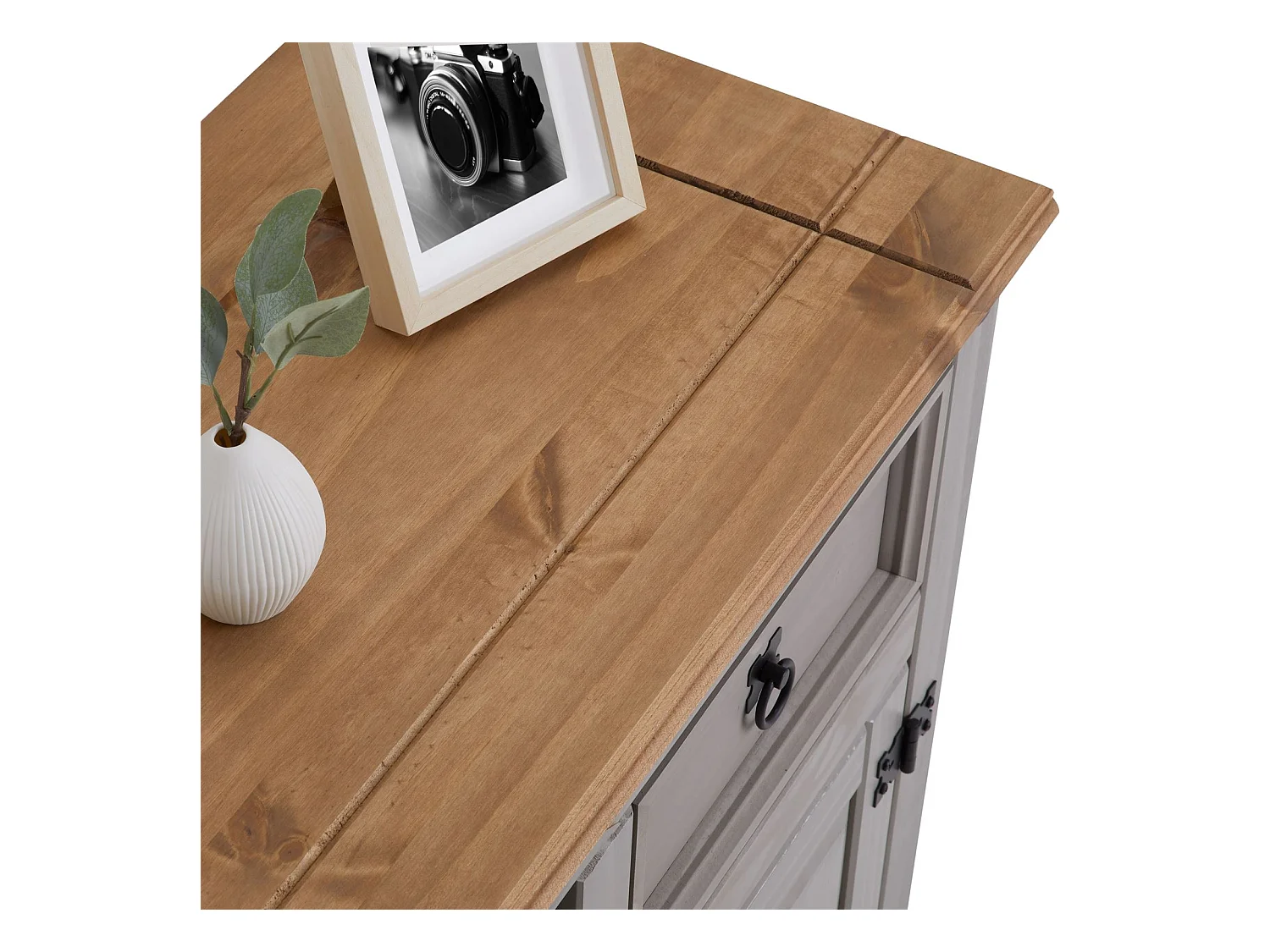 Buffet salle à manger RAMON L 125 cm en bois massif lasuré gris et brun, meuble de rangement 3 tiroirs et 3 portes