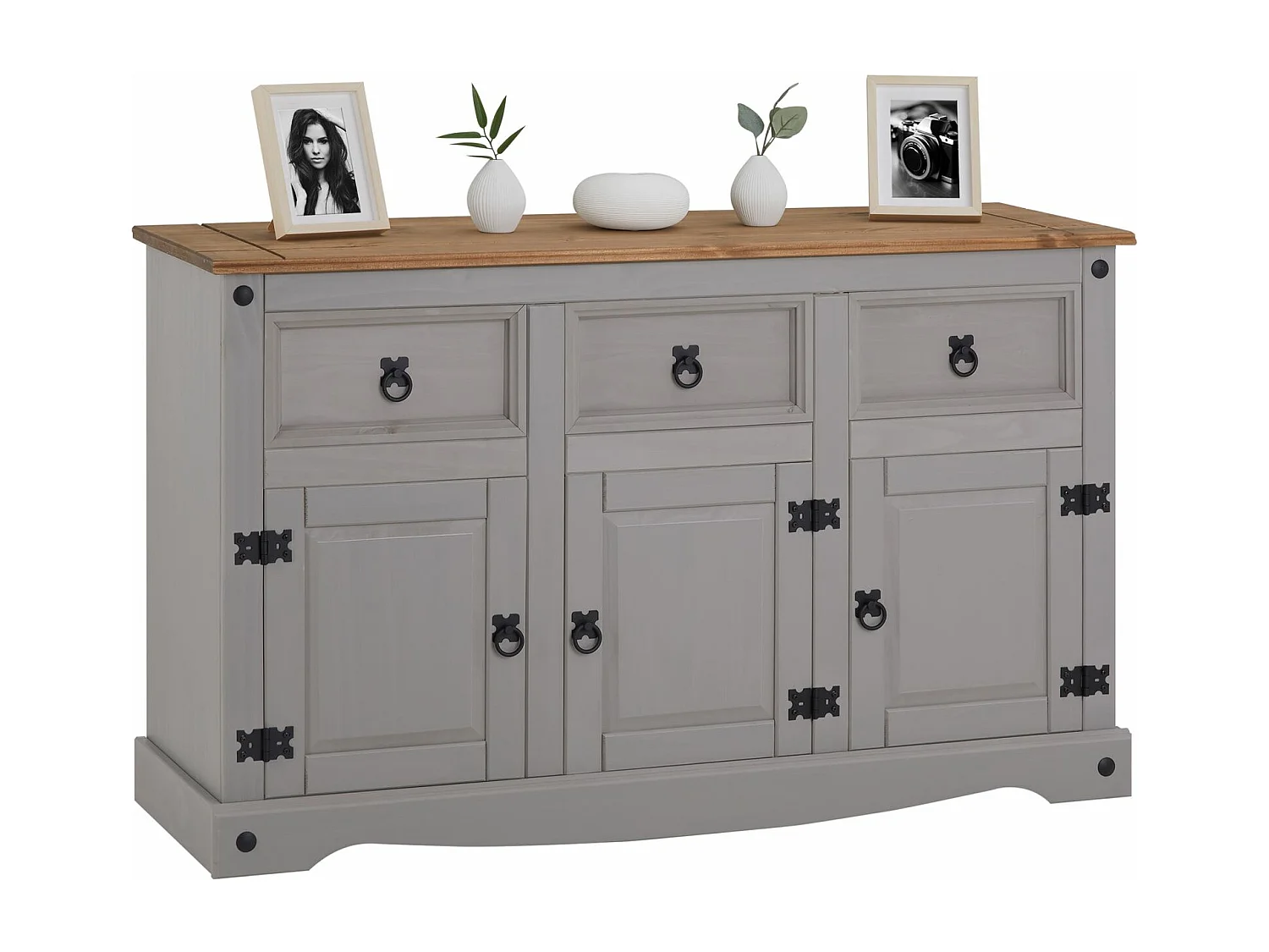 Buffet salle à manger RAMON L 125 cm en bois massif lasuré gris et brun, meuble de rangement 3 tiroirs et 3 portes