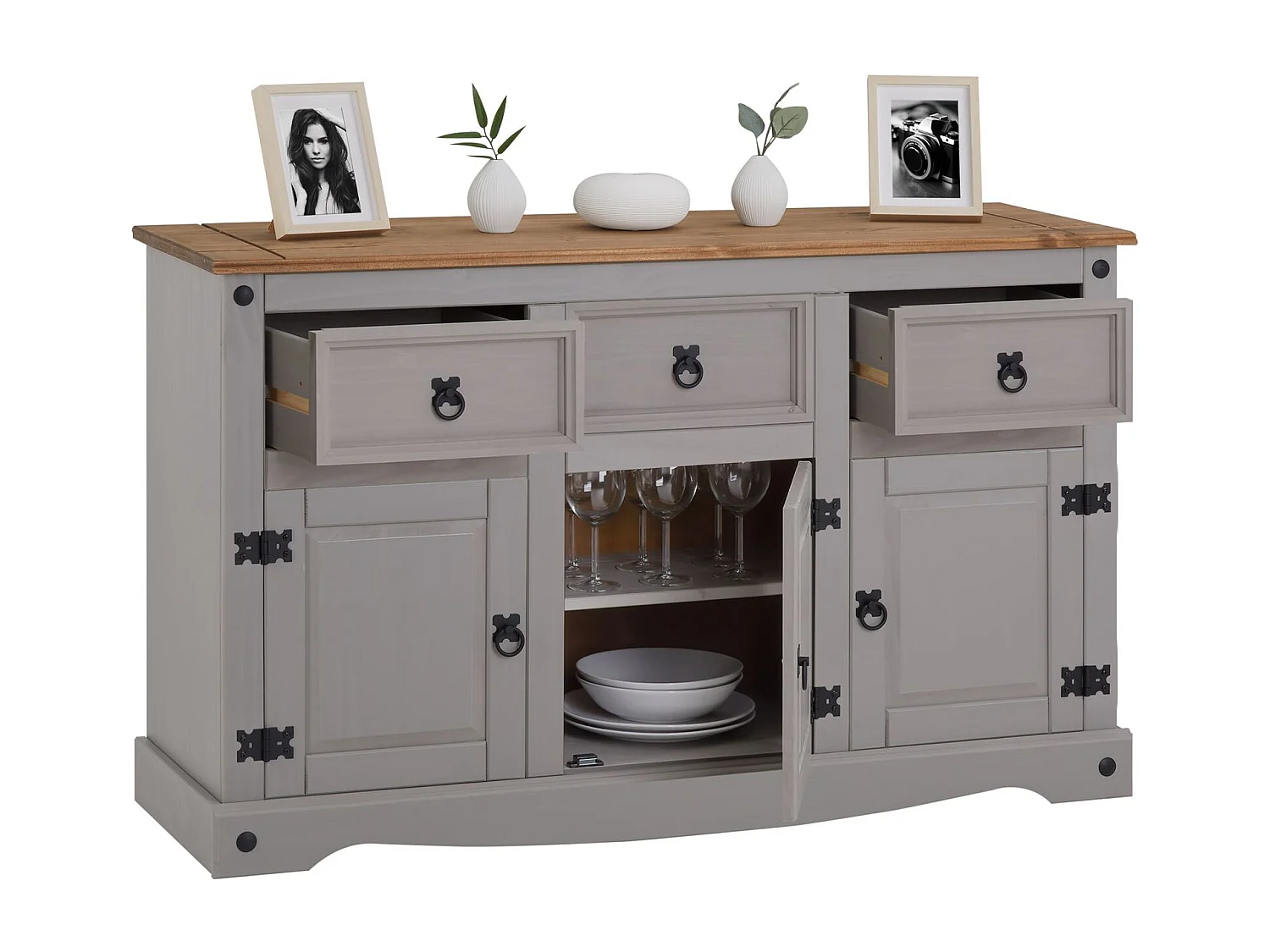 Buffet salle à manger RAMON L 125 cm en bois massif lasuré gris et brun, meuble de rangement 3 tiroirs et 3 portes