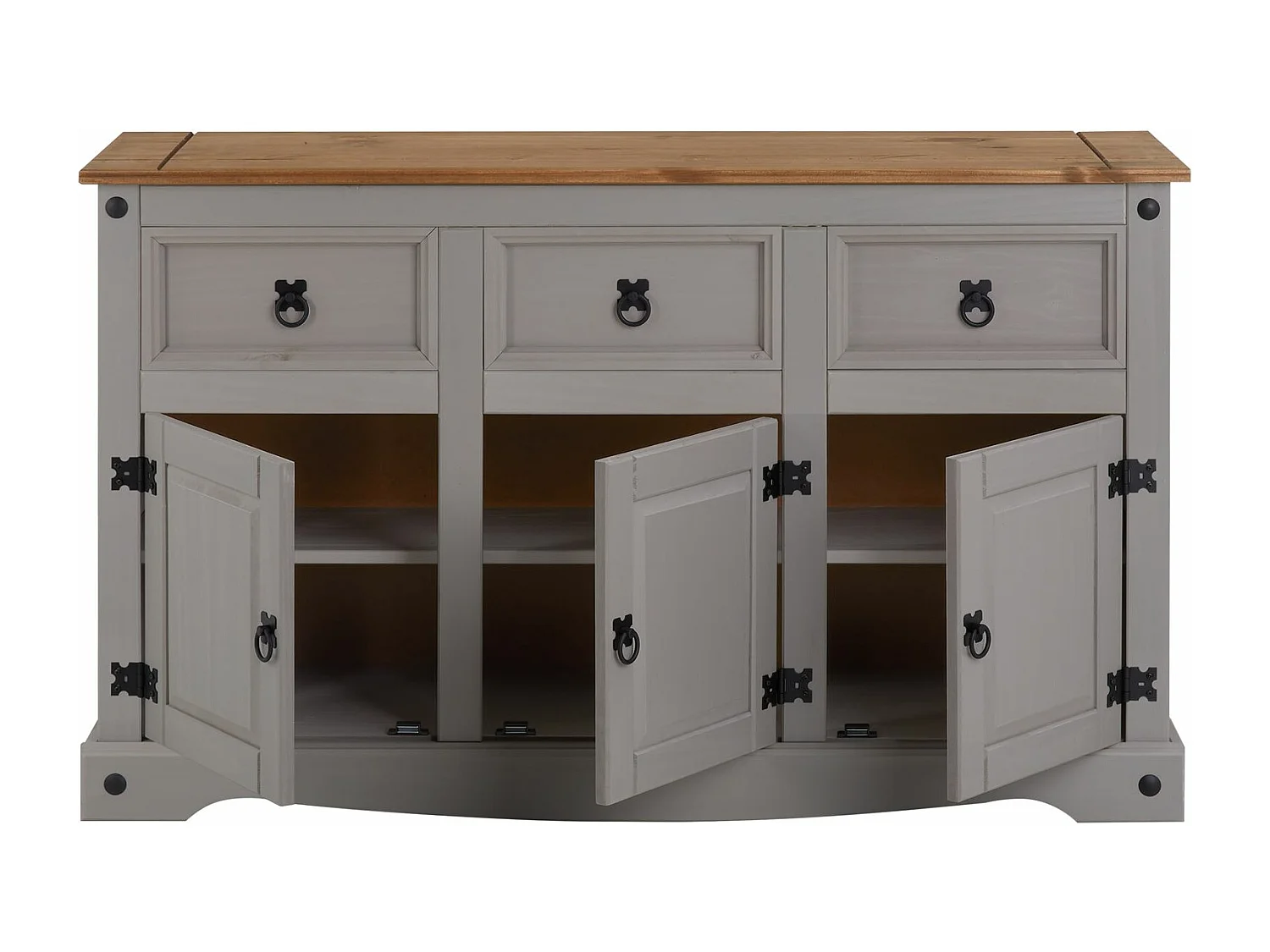 Buffet salle à manger RAMON L 125 cm en bois massif lasuré gris et brun, meuble de rangement 3 tiroirs et 3 portes