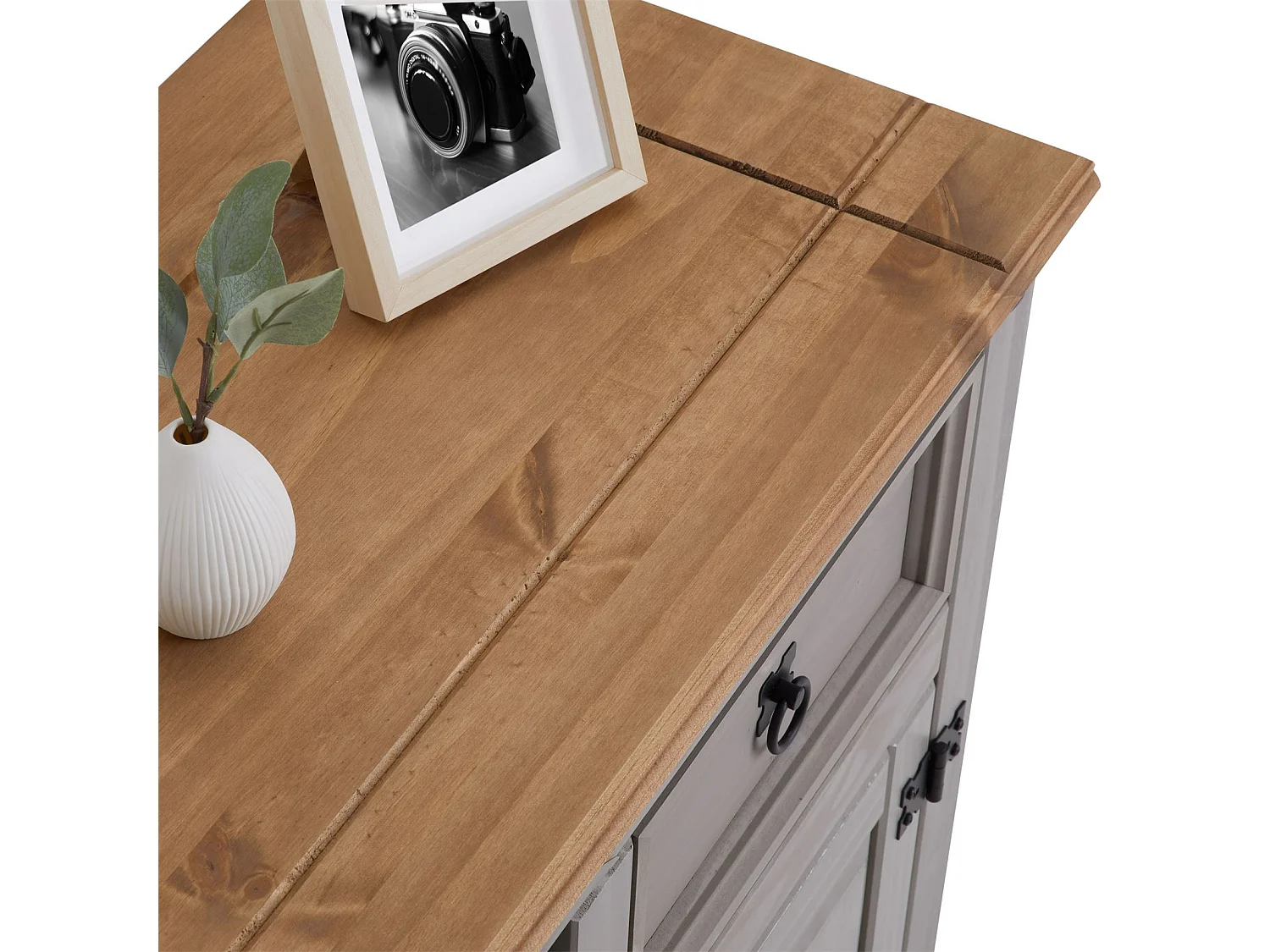 Buffet salle à manger RAMON L 125 cm en bois massif lasuré gris et brun, meuble de rangement 3 tiroirs et 3 portes