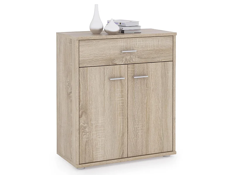 Buffet MONACO, commode meuble de rangement avec 1 tiroir et 2 portes, en mélaminé décor chêne sonoma