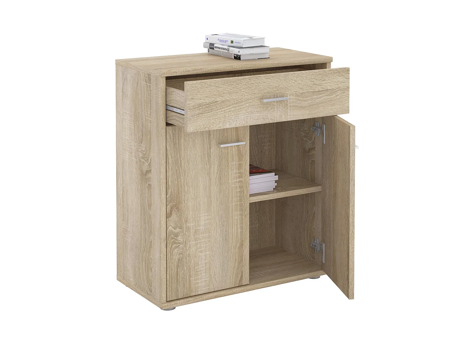 Buffet MONACO, commode meuble de rangement avec 1 tiroir et 2 portes, en mélaminé décor chêne sonoma