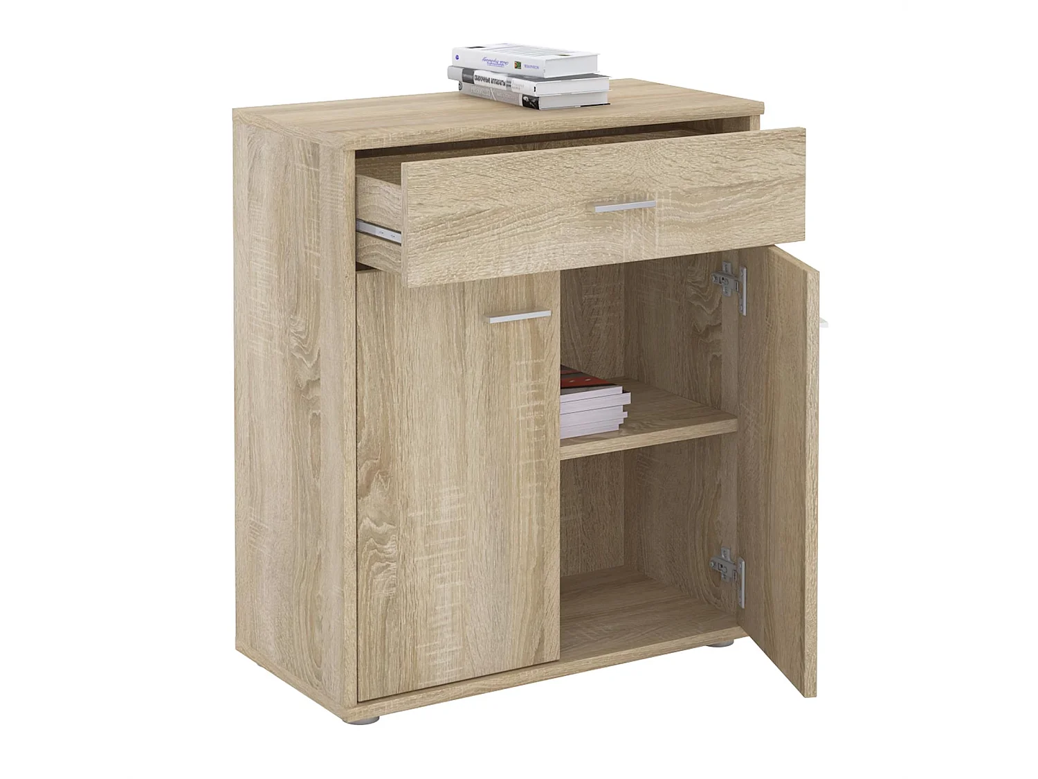 Buffet MONACO, commode meuble de rangement avec 1 tiroir et 2 portes, en mélaminé décor chêne sonoma