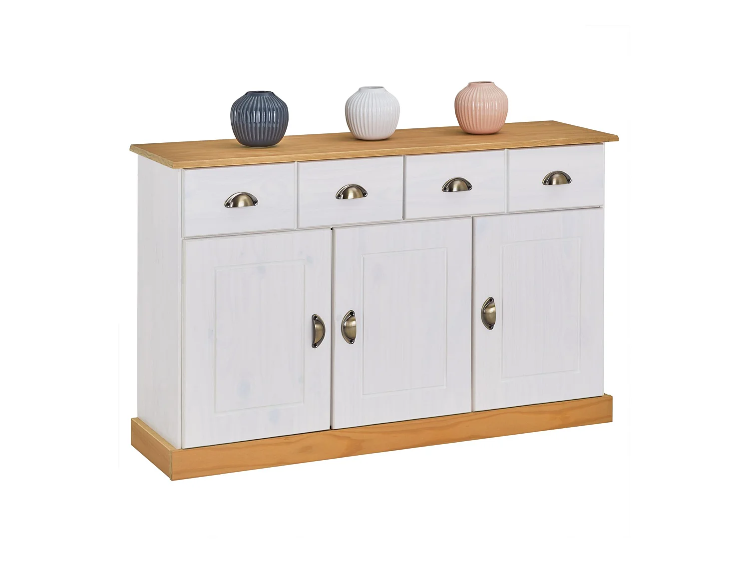 Buffet salle à manger PARIS en bois massif L 116 cm avec 3 portes battantes et 2 tiroirs spacieux, blanc et brun