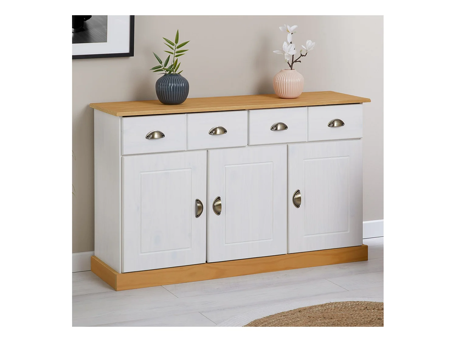 Buffet salle à manger PARIS en bois massif L 116 cm avec 3 portes battantes et 2 tiroirs spacieux, blanc et brun