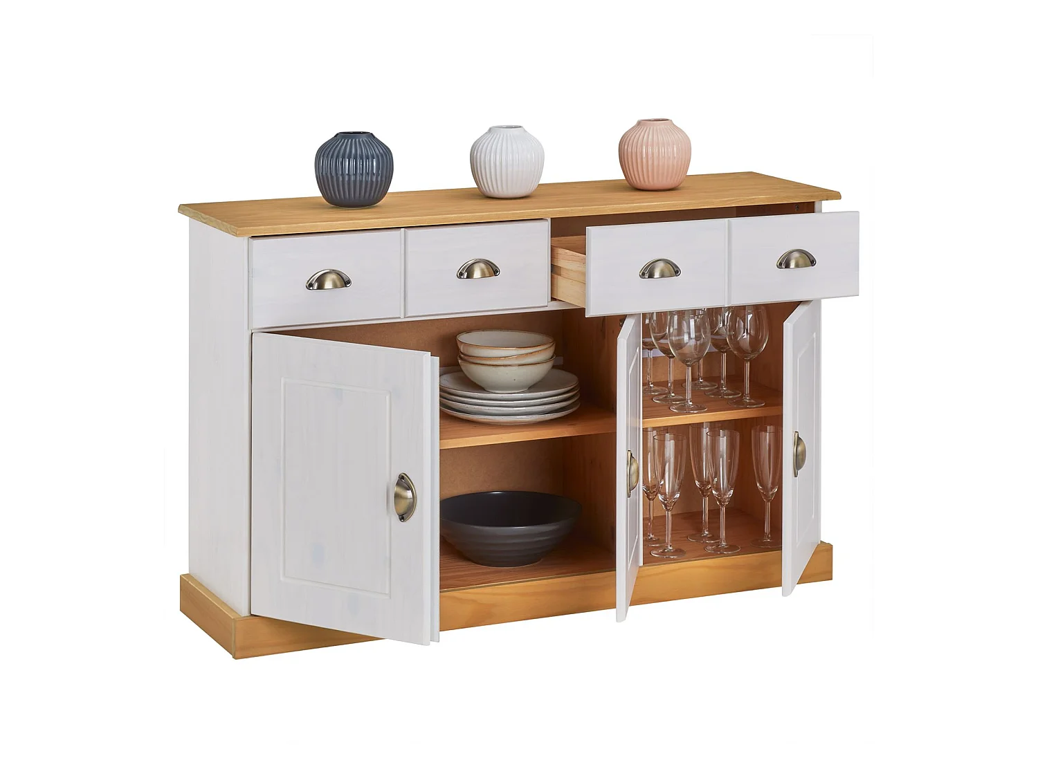 Buffet salle à manger PARIS en bois massif L 116 cm avec 3 portes battantes et 2 tiroirs spacieux, blanc et brun