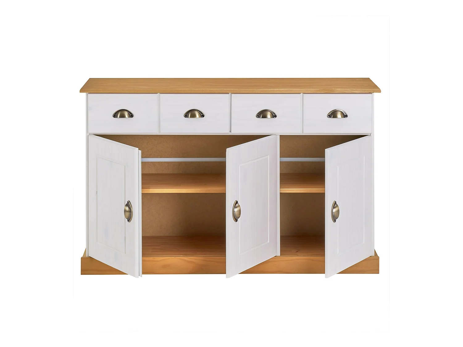 Buffet salle à manger PARIS en bois massif L 116 cm avec 3 portes battantes et 2 tiroirs spacieux, blanc et brun