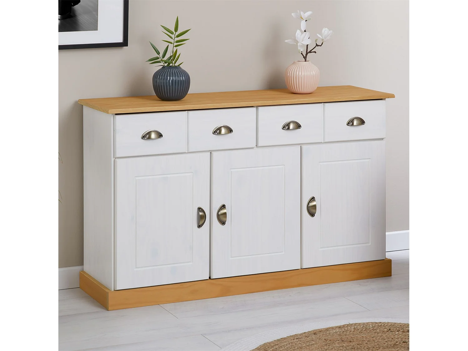 Buffet salle à manger PARIS en bois massif L 116 cm avec 3 portes battantes et 2 tiroirs spacieux, blanc et brun