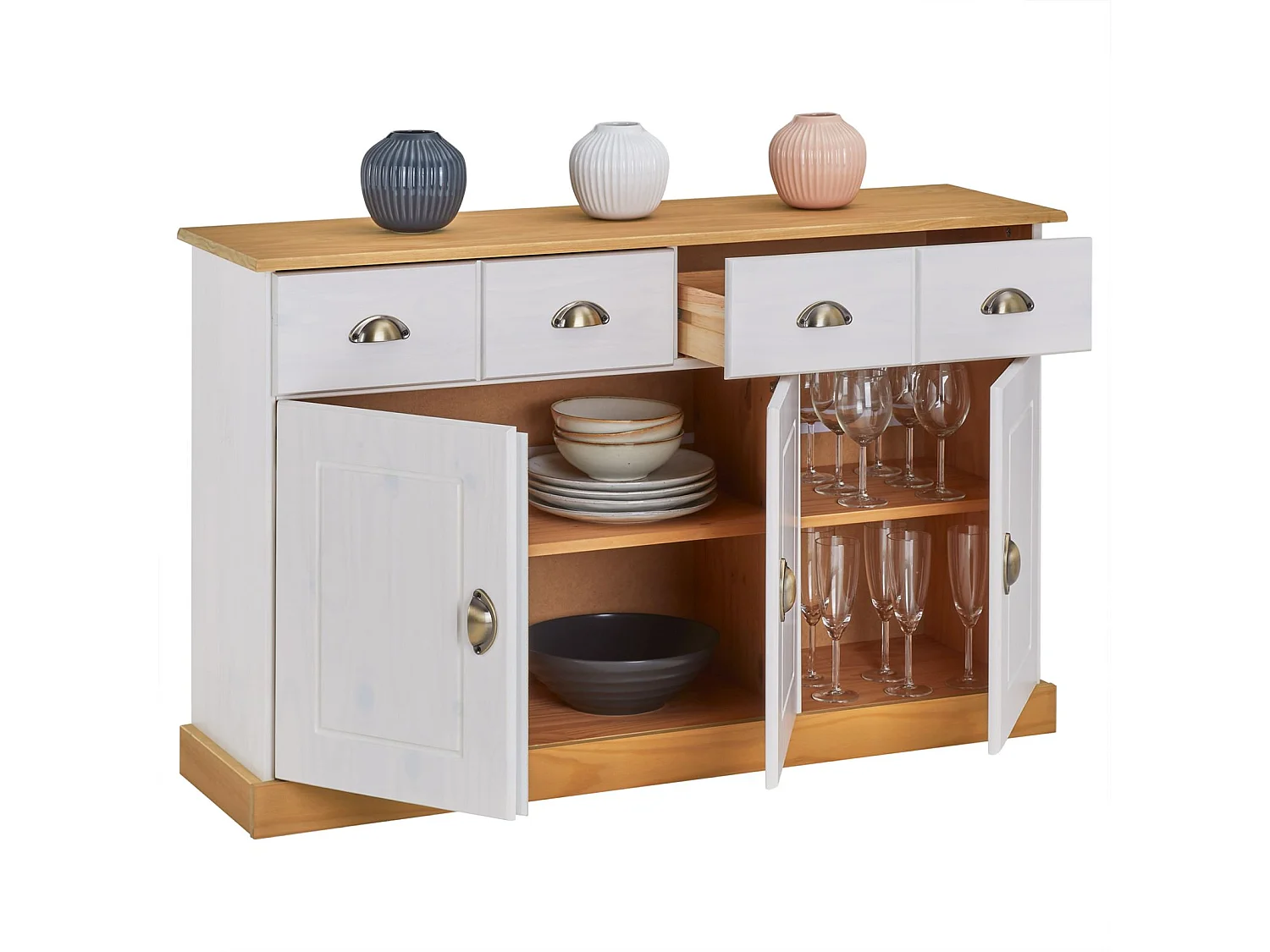 Buffet salle à manger PARIS en bois massif L 116 cm avec 3 portes battantes et 2 tiroirs spacieux, blanc et brun