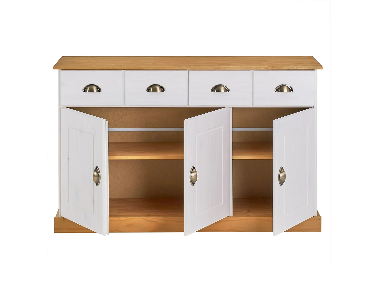 Buffet salle à manger PARIS en bois massif L 116 cm avec 3 portes battantes et 2 tiroirs spacieux, blanc et brun