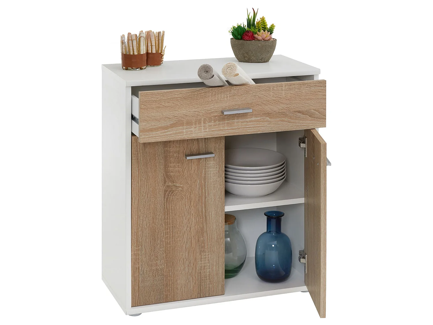 Buffet salle à manger MONACO L 60 cm coloris blanc et chêne sonoma avec 1 tirroir et 2 portes