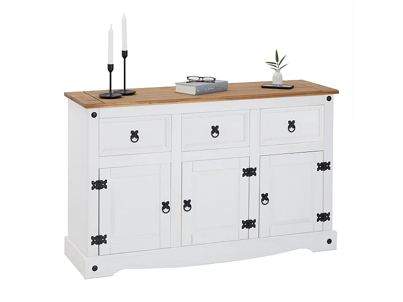 Buffet salle à manger CAMPO en bois massif L 125 cm avec 3 portes battantes et 3 tiroirs spacieux, blanc et brun