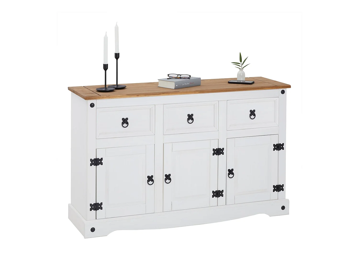 Buffet salle à manger CAMPO en bois massif L 125 cm avec 3 portes battantes et 3 tiroirs spacieux, blanc et brun